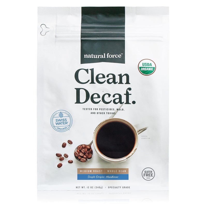 Natural Force - Organic Clean Decaf Coffee, Mold & Mycotoxin Free, Lab Tested for Toxins & Purity, Low Acidity, Whole Bean Swiss Water Decaf Medium Roast, 12 oz - Image 1
